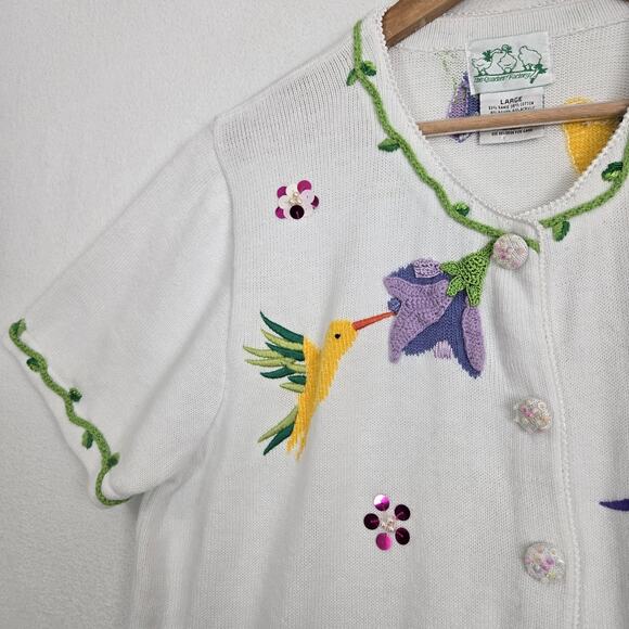 Quacker Factory Cardigan Sweater sz L White Multi Hummingbird Flowers Sequins - Picture 3 of 16